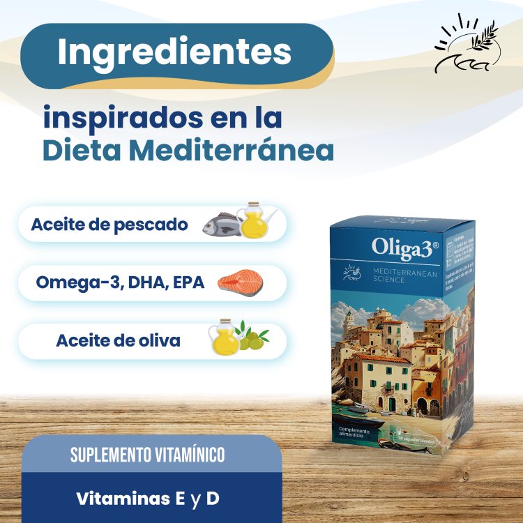 Ingredientes inspirados en la dieta mediterránea. Con aceite de pescado y aceite de oliva