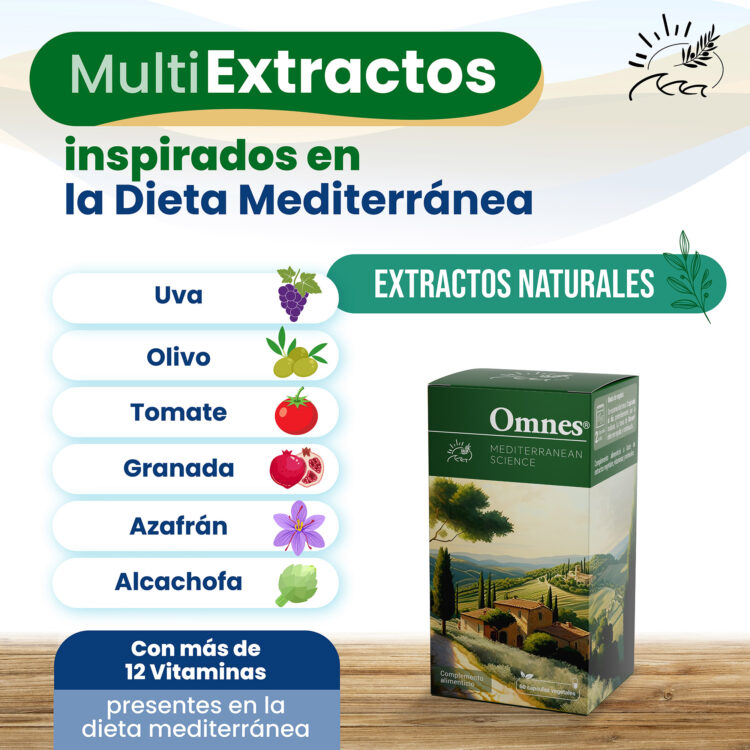 MultiExtractos inspirados en la dieta mediterránea. Con uva, olivda, tomate, granada, azafrán, alcachofa
