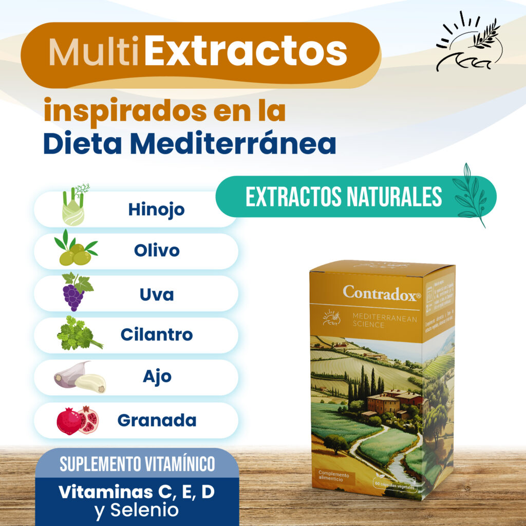 Extractos naturales de hinojo, oliva, uva, cilantro, ajo y granada.